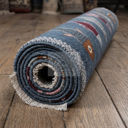 Denim Blue Fish Motif Hand-Knotted Wool Rug | Coastal Pictorial Runner for Kitchen & Entryway