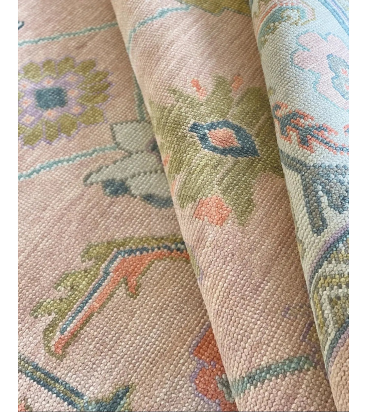 Blush Pink & Sage Green Hand-Knotted Turkish Oushak Rug | Pastel Floral Wool Area Rug for Living Room