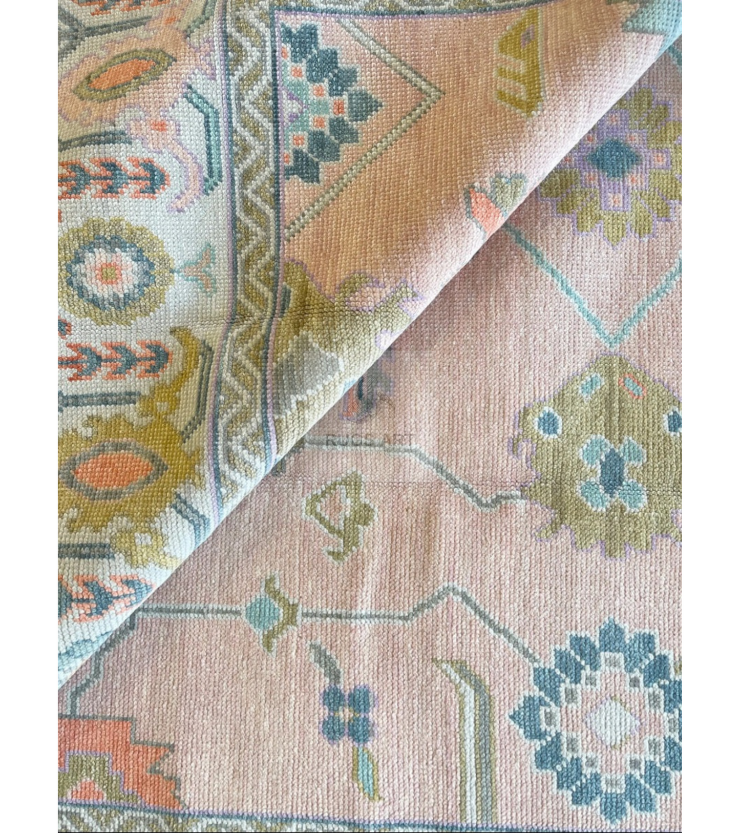 Blush Pink & Sage Green Hand-Knotted Turkish Oushak Rug | Pastel Floral Wool Area Rug for Living Room