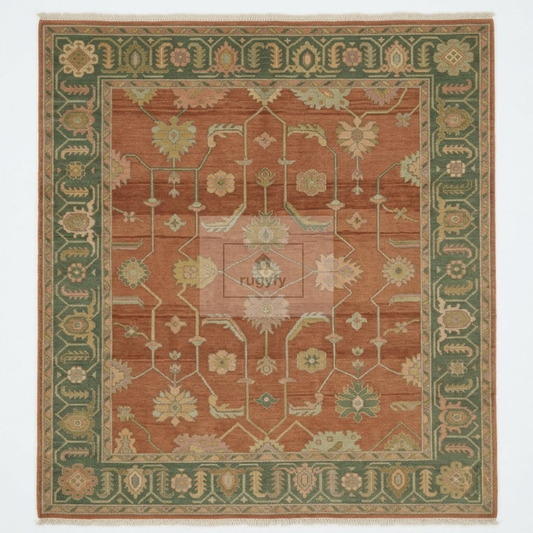 Rust Terracotta & Sage Green Sultanabad Oushak Rug | Hand-Knotted Wool 8x10 9x12 | Earthy Palmette Rug