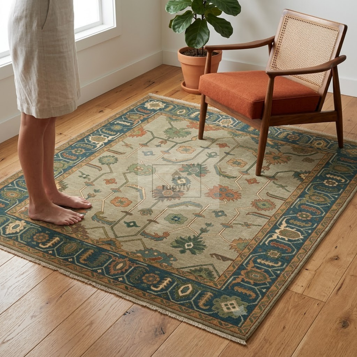 Taupe & Teal Blue Sultanabad Oushak Rug | Hand-Knotted Wool 8x10 9x12 | Sand Beige Square & Area Rug