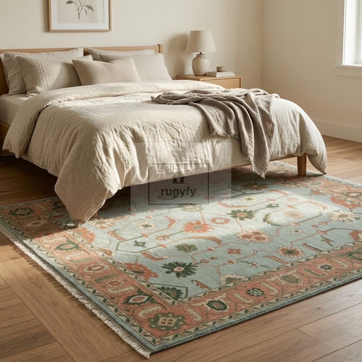 Seafoam Aqua & Coral Sultanabad Oushak Rug | Hand-Knotted Wool 8x10 9x12 | Mint & Peach Palmette Rug