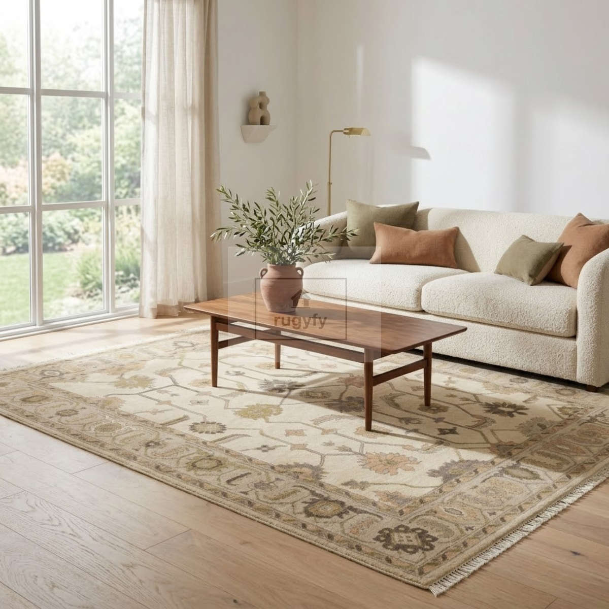 Cream & Soft Taupe Sultanabad Oushak Rug | Hand-Knotted Wool 8x10 9x12 | Muted Neutral Palmette Rug