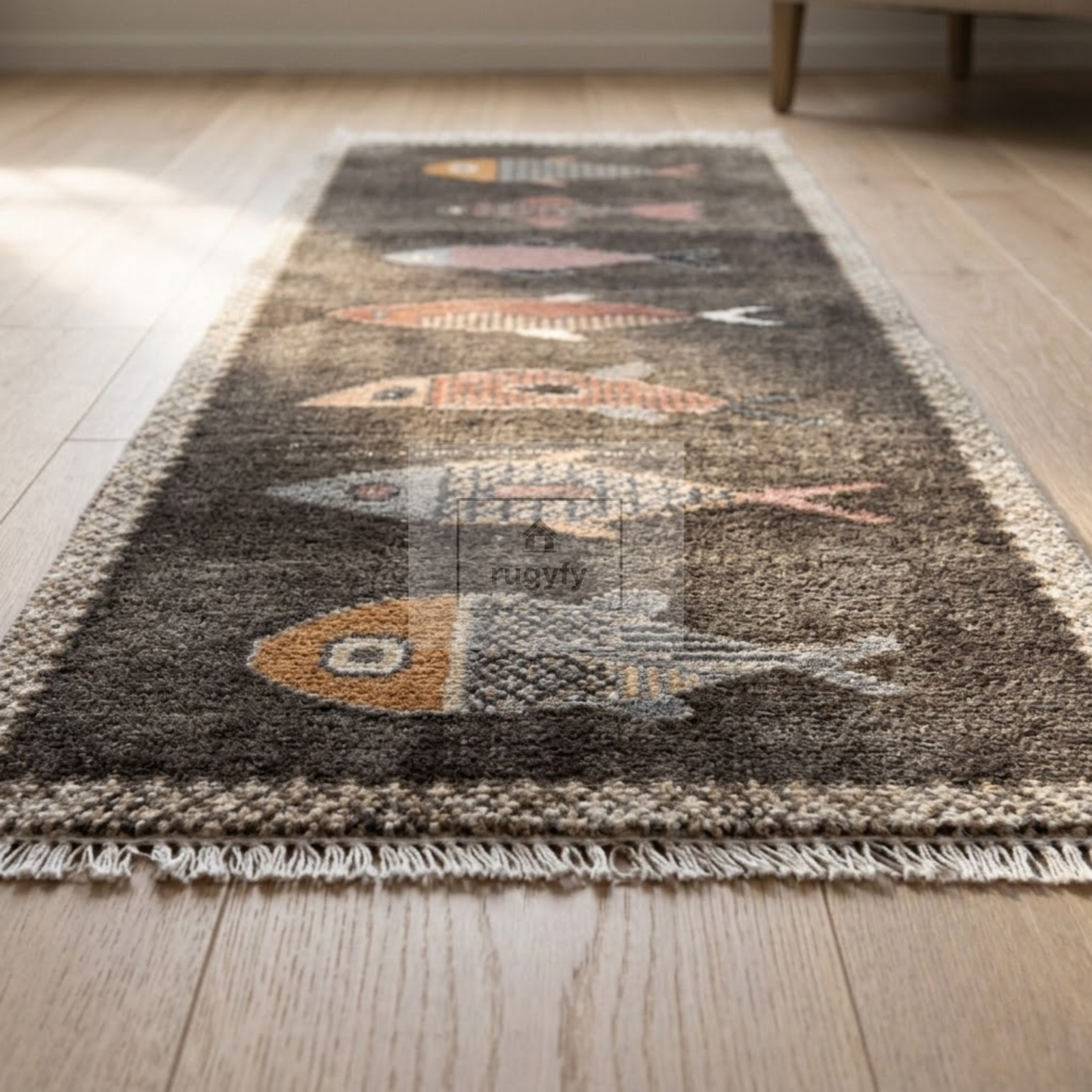 Charcoal Fish Motif Hand-Knotted Wool Rug | Moody Neutral Pictorial Rug for Hallway &amp; Entryway