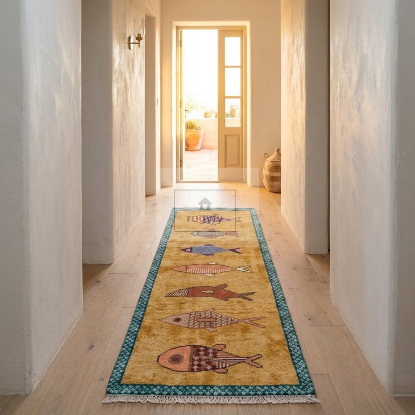 Golden Fish Motif Hand-Knotted Wool Rug | Whimsical Pictorial Folk Art Area Rug for Living Room