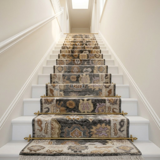Charcoal & Ivory Oushak Rug | 2.5x12 & 3x14 ft | Hand-Knotted Wool Floral | Living Room & Dining Room