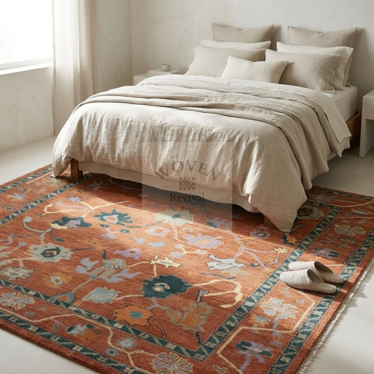 Terracotta Oushak Rug | Hand-Knotted Wool Area Rug with Folk Animal Motifs in Rust, Pine Teal & Lavender
