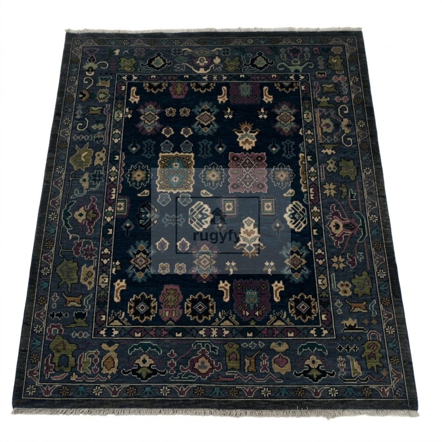 8x10 & 9x12 Navy Hand-Knotted Wool Area Rug | Midnight Blue Oushak for Dining Room & Bedroom