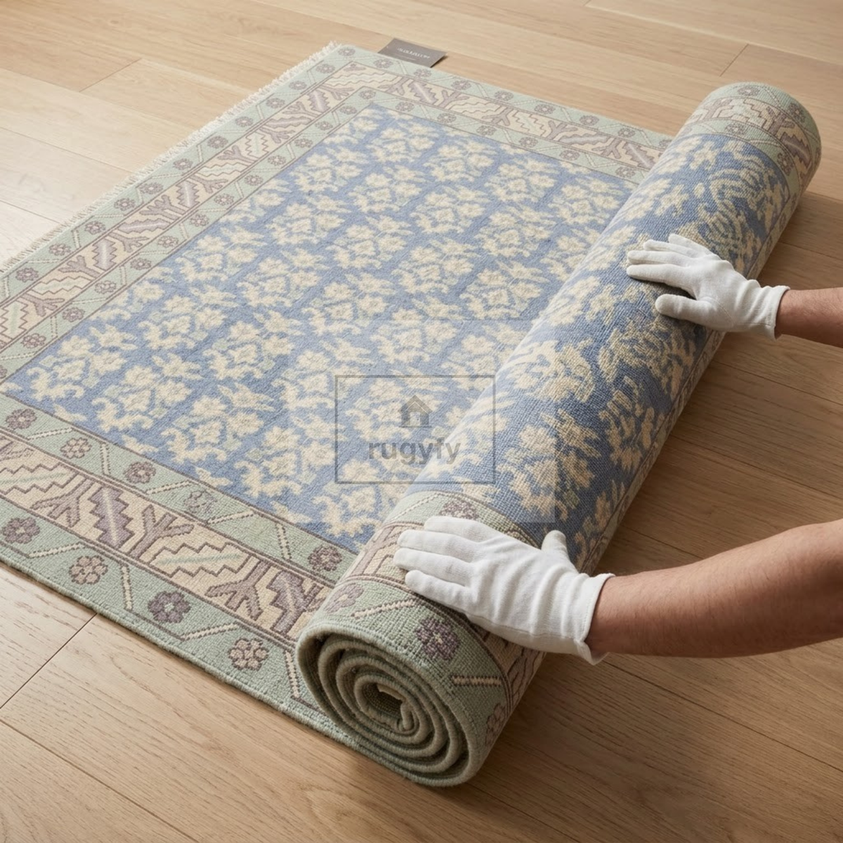 Dusty Blue & Ivory Oushak Area Rug | 8x10 9x12 ft Hand-Knotted New Zealand Wool | Periwinkle Floral Turkish Living Room Rug