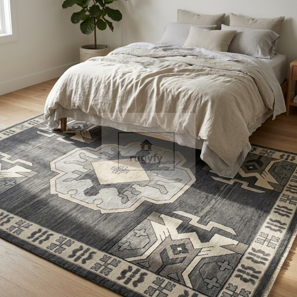 Charcoal & Ivory Oushak Wool Rug | 6x9 8x10 ft Hand-Knotted | Bedroom Living Room Area Rug