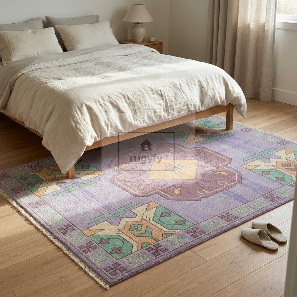 Lavender & Mint Kazak Rug | Hand-Knotted Geometric Medallion Wool Rug | Bedroom & Nursery 8x10