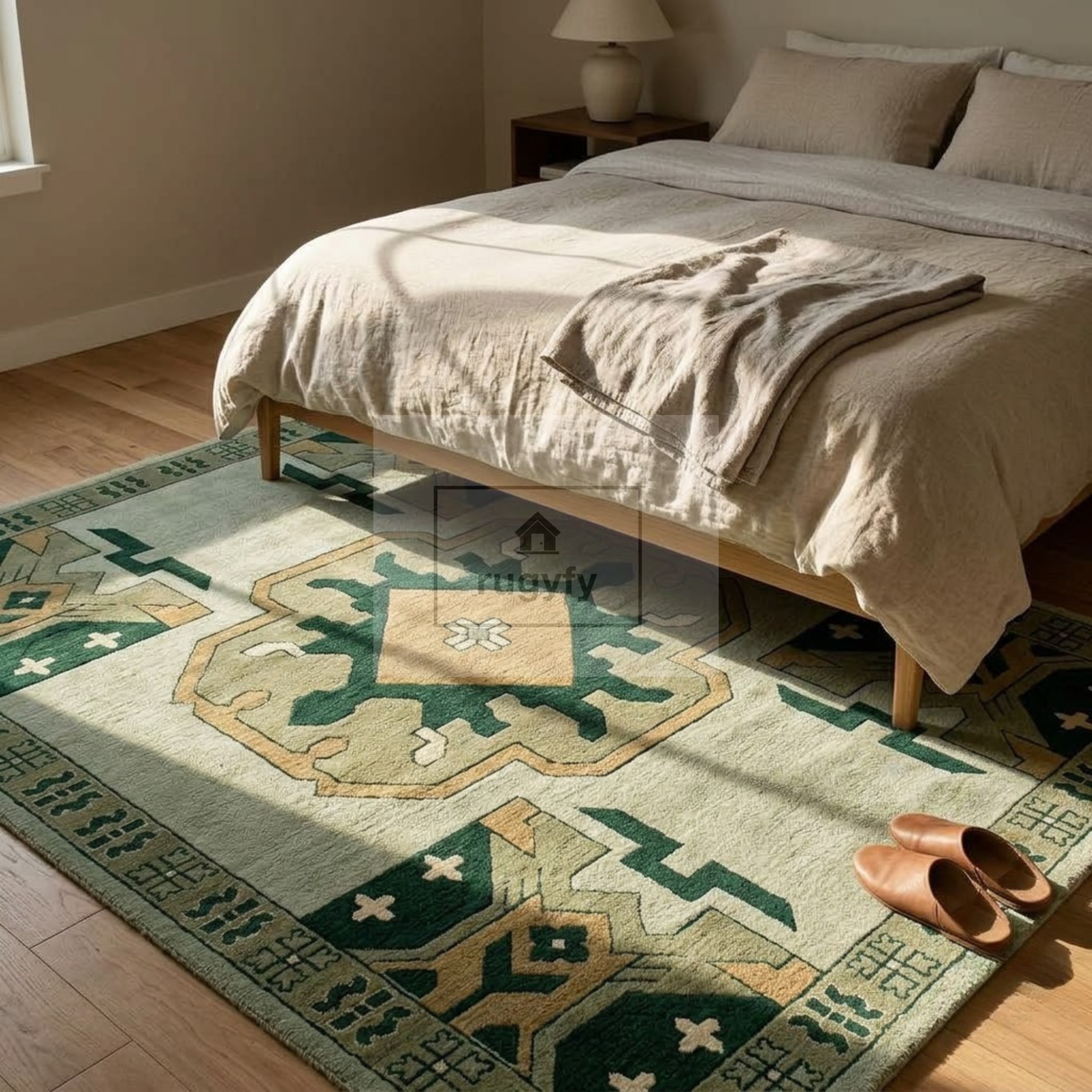 Mint & Forest Green Kazak Rug | Hand-Knotted Geometric Medallion Wool Rug | Farmhouse Dining Room 9x12