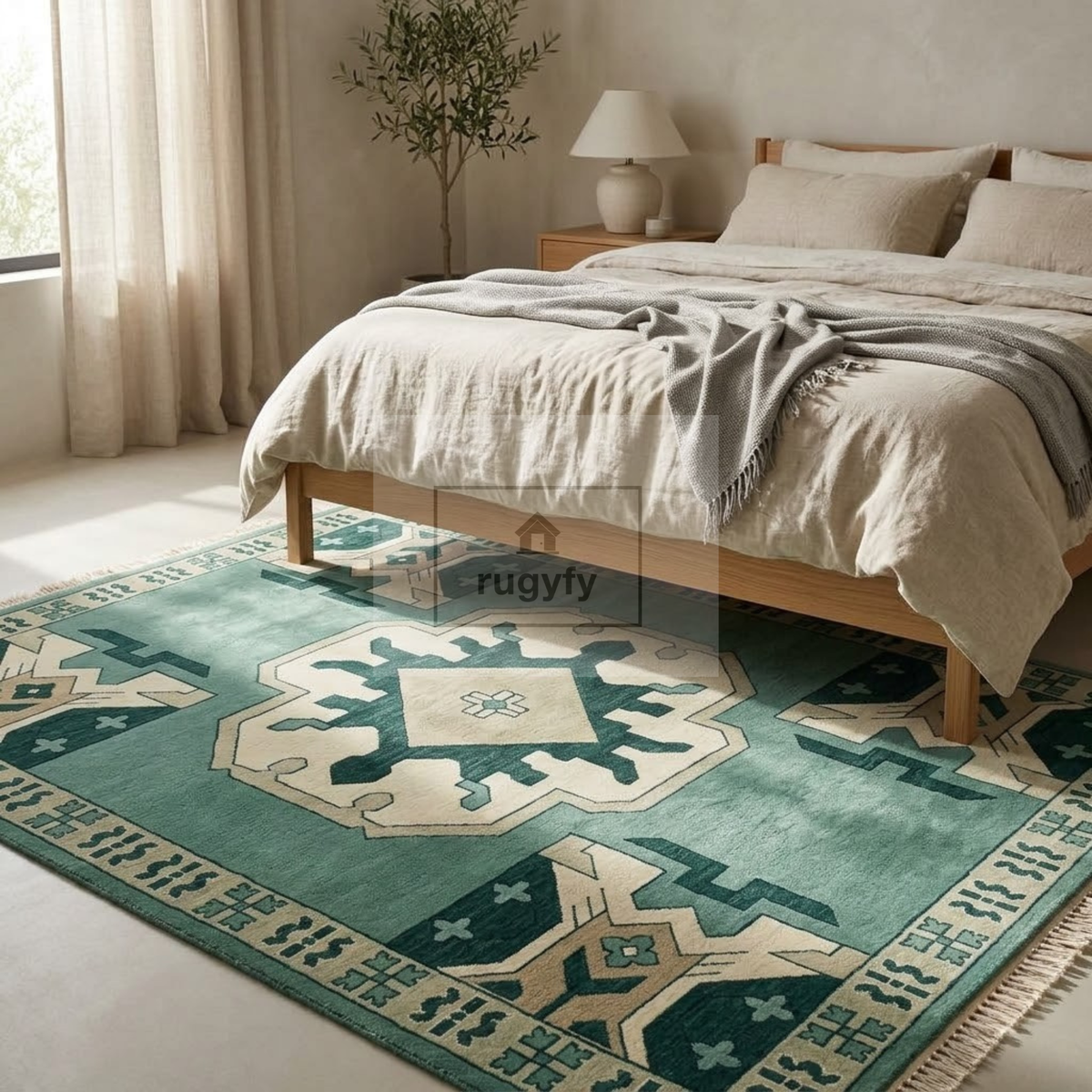 Jade Green & Cream Kazak Rug | Hand-Knotted Tribal Medallion Wool Area Rug | Living Room Entryway 8x10