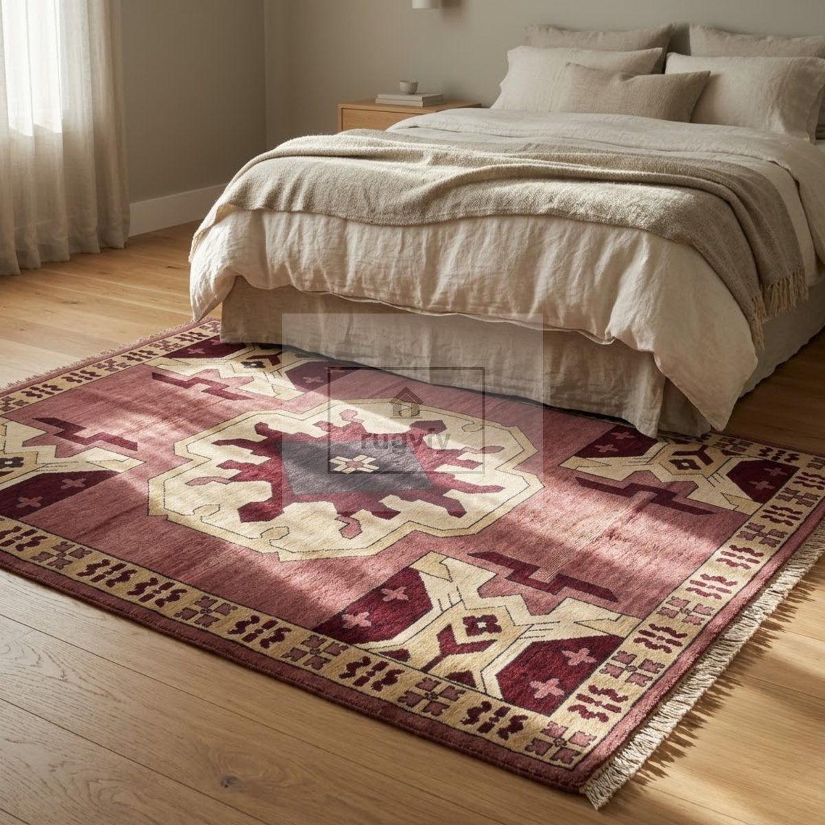 Burgundy & Gold Kazak Rug | Hand-Knotted Caucasian Tribal Geometric Wool Rug | Library Den Living Room 9x12