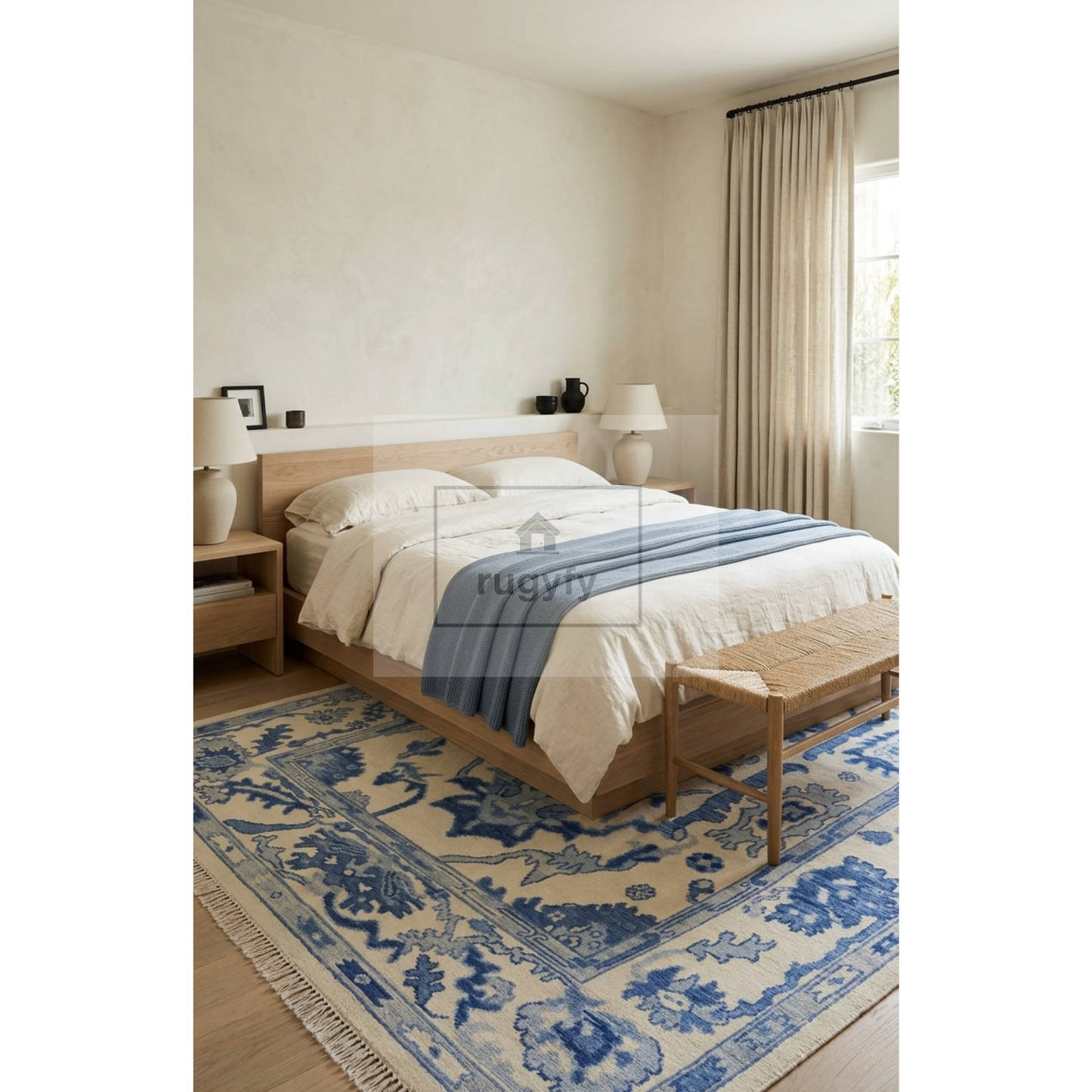 Ivory & Blue Oushak Rug – Hand Knotted Turkish Wool Area Rug for Living Room
