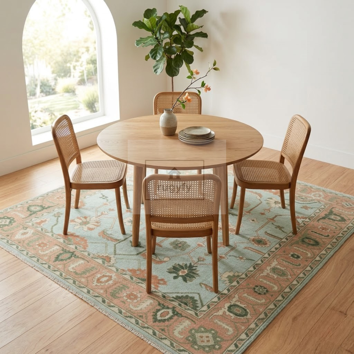 Seafoam Aqua & Coral Sultanabad Oushak Rug | Hand-Knotted Wool 8x10 9x12 | Mint & Peach Palmette Rug