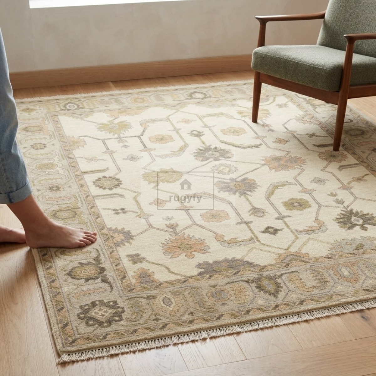 Cream & Soft Taupe Sultanabad Oushak Rug | Hand-Knotted Wool 8x10 9x12 | Muted Neutral Palmette Rug