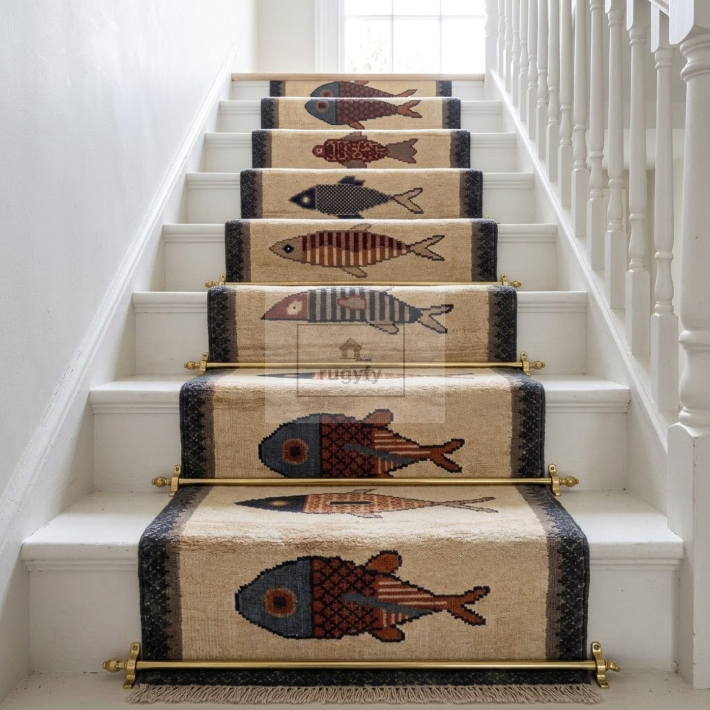 Ivory Fish Motif Hand-Knotted Wool Rug | Quiet Luxury Pictorial Rug for Nursery &amp; Living Room