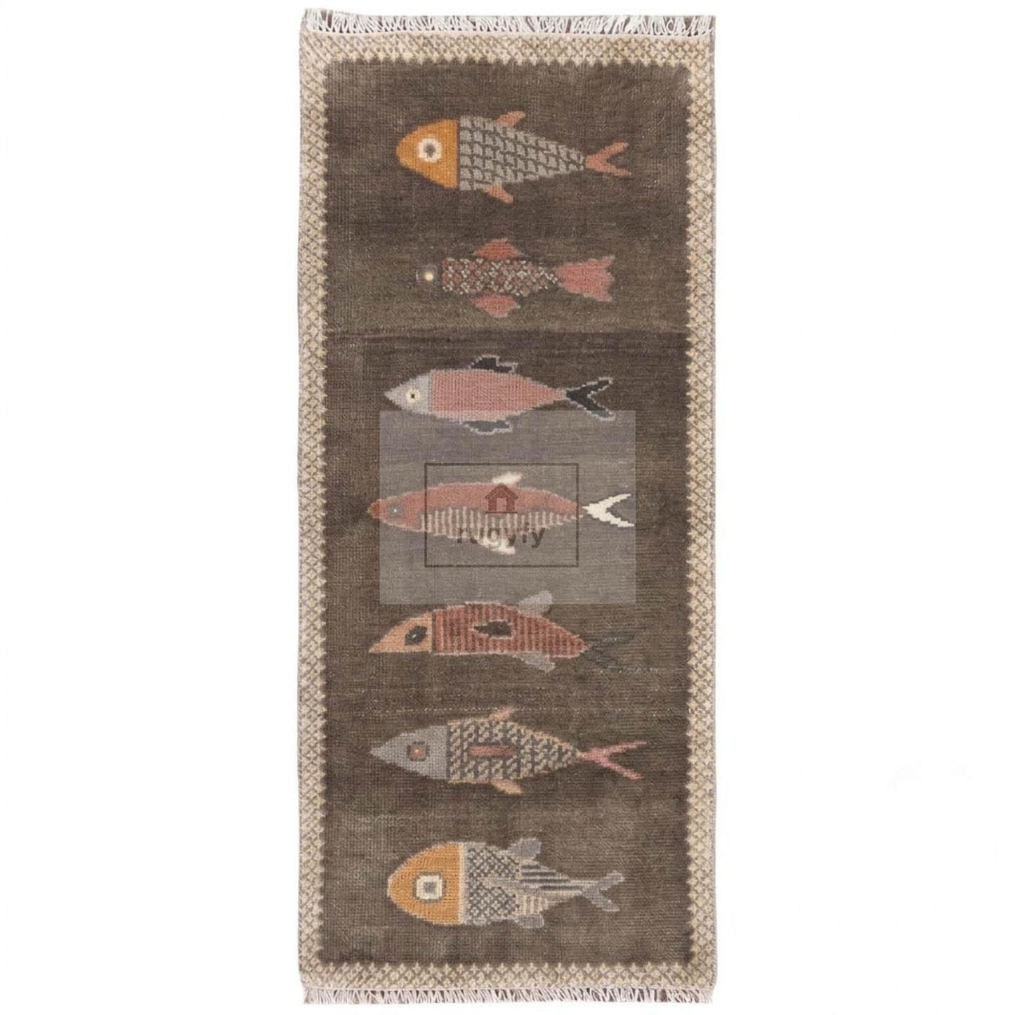 Charcoal Fish Motif Hand-Knotted Wool Rug | Moody Neutral Pictorial Rug for Hallway &amp; Entryway