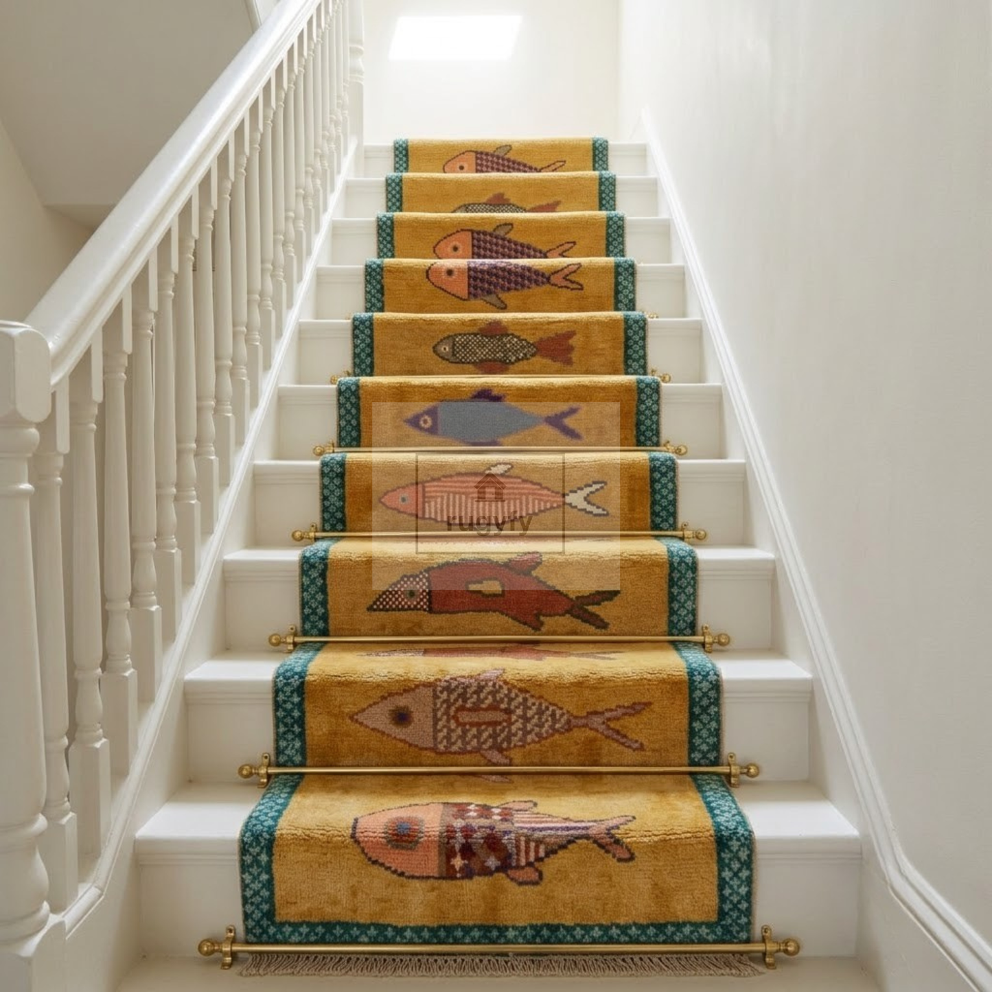 Golden Fish Motif Hand-Knotted Wool Rug | Whimsical Pictorial Folk Art Area Rug for Living Room