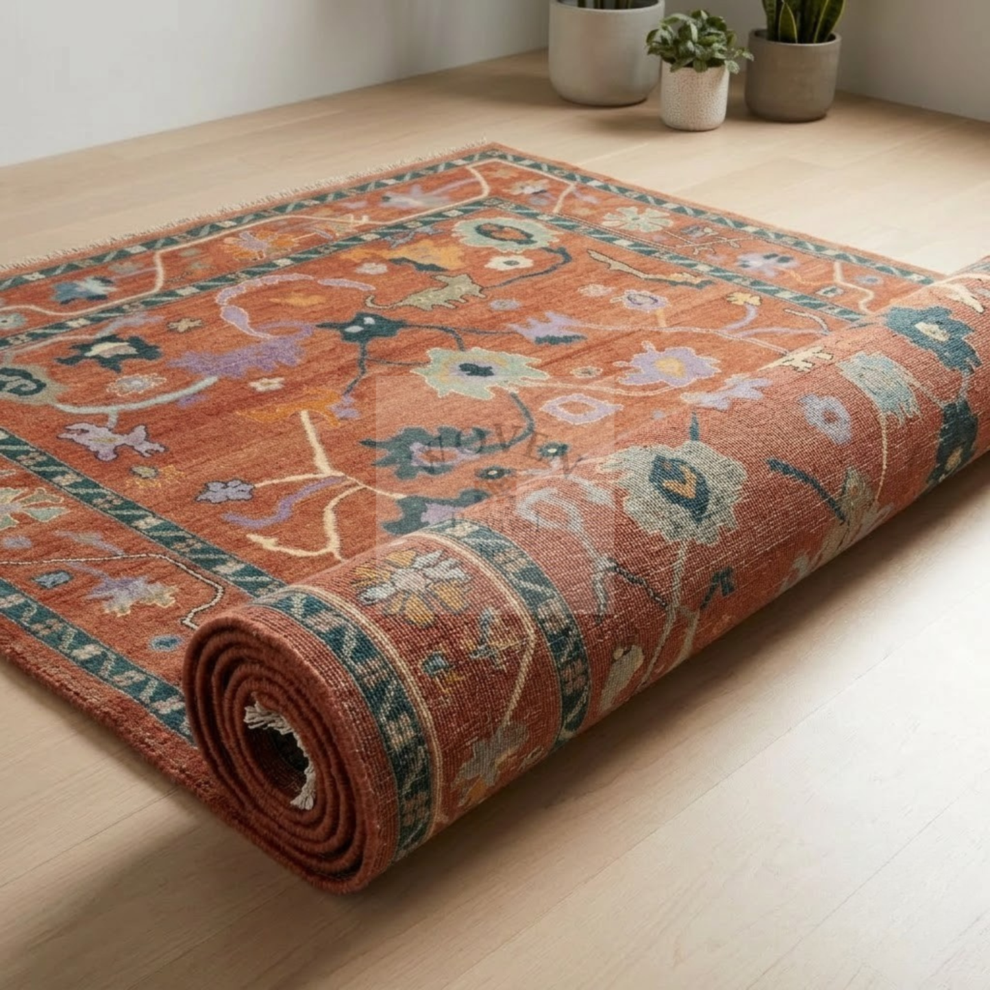Terracotta Oushak Rug | Hand-Knotted Wool Area Rug with Folk Animal Motifs in Rust, Pine Teal & Lavender