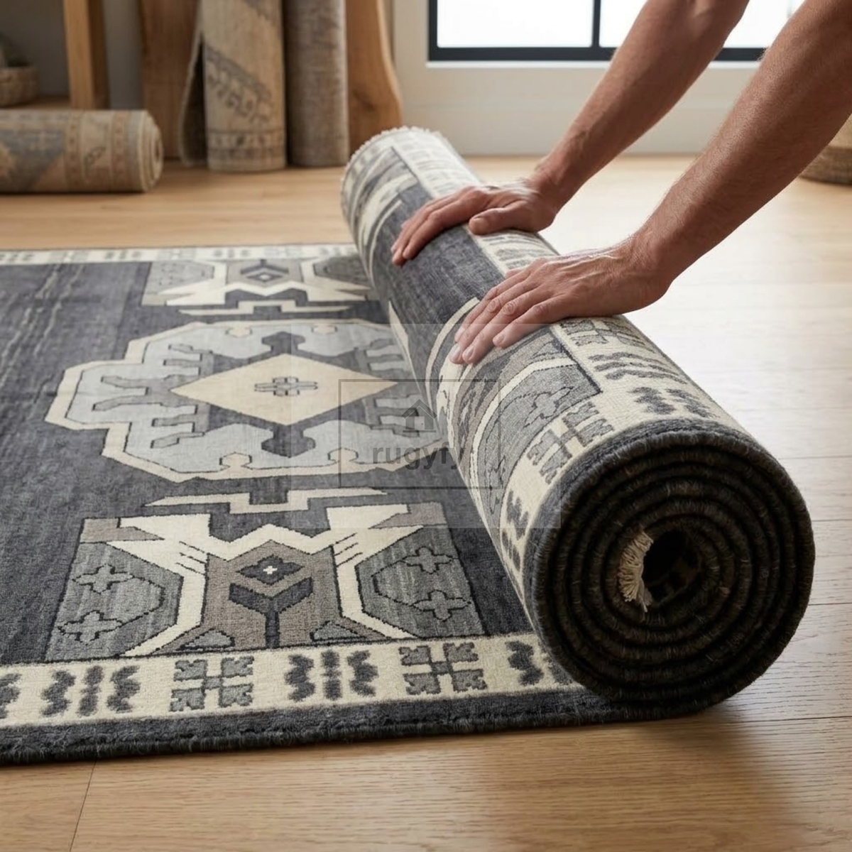 Charcoal & Ivory Oushak Wool Rug | 6x9 8x10 ft Hand-Knotted | Bedroom Living Room Area Rug
