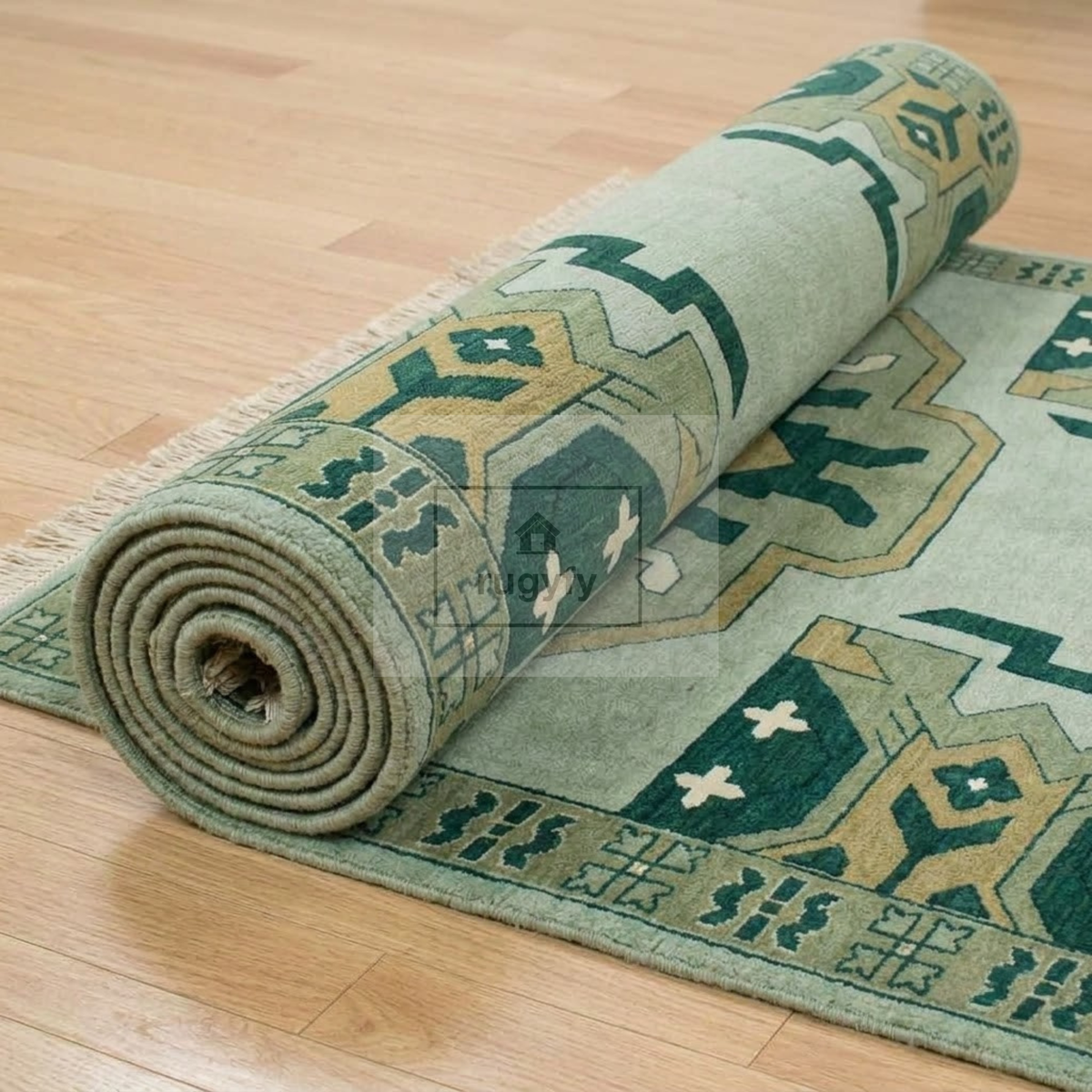 Mint & Forest Green Kazak Rug | Hand-Knotted Geometric Medallion Wool Rug | Farmhouse Dining Room 9x12