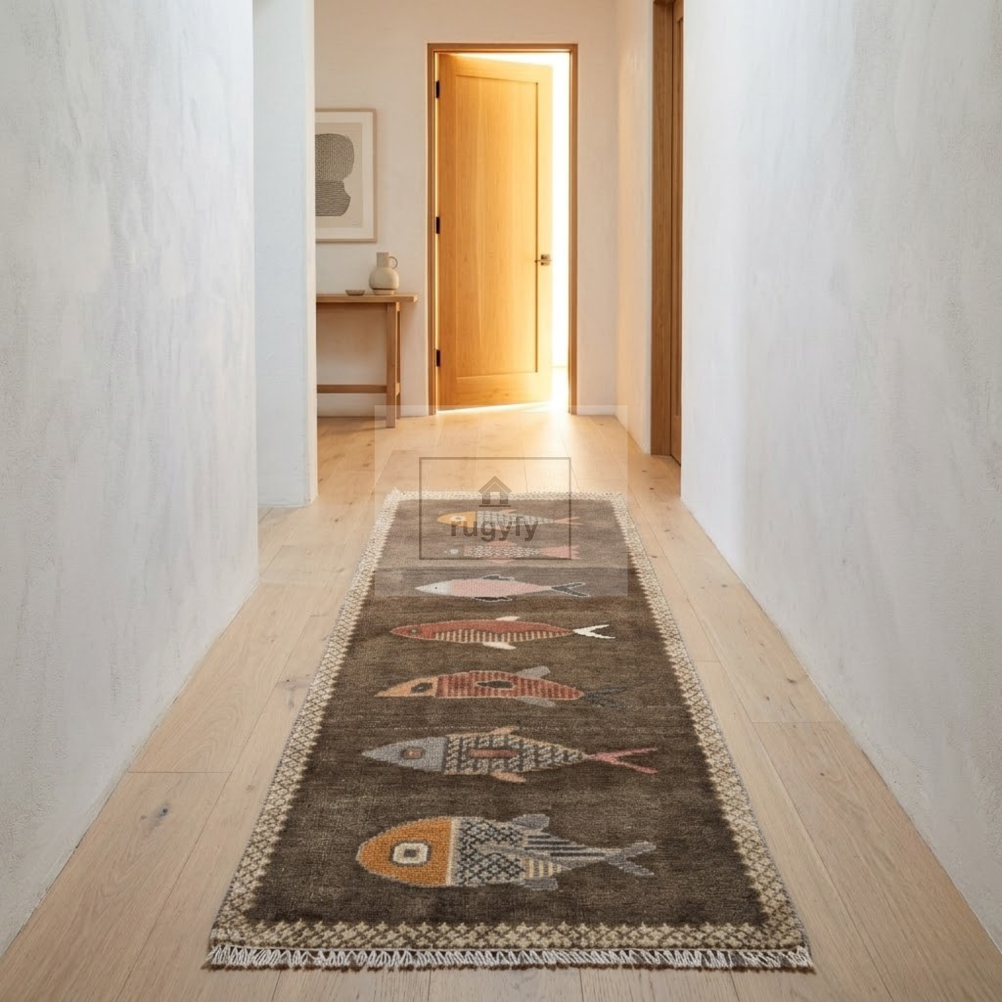 Charcoal Fish Motif Hand-Knotted Wool Rug | Moody Neutral Pictorial Rug for Hallway &amp; Entryway