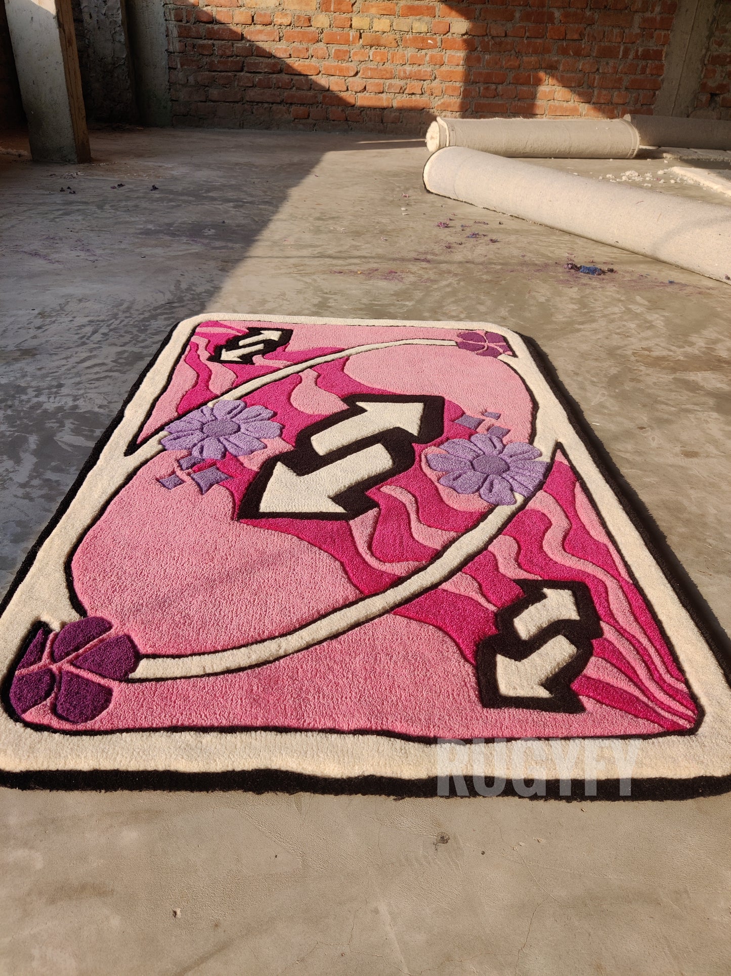 Uno Reverse Card Pink Color Handmade woo Rog / Custom Hand-Tufted Rug for Bedroom And Livingroom