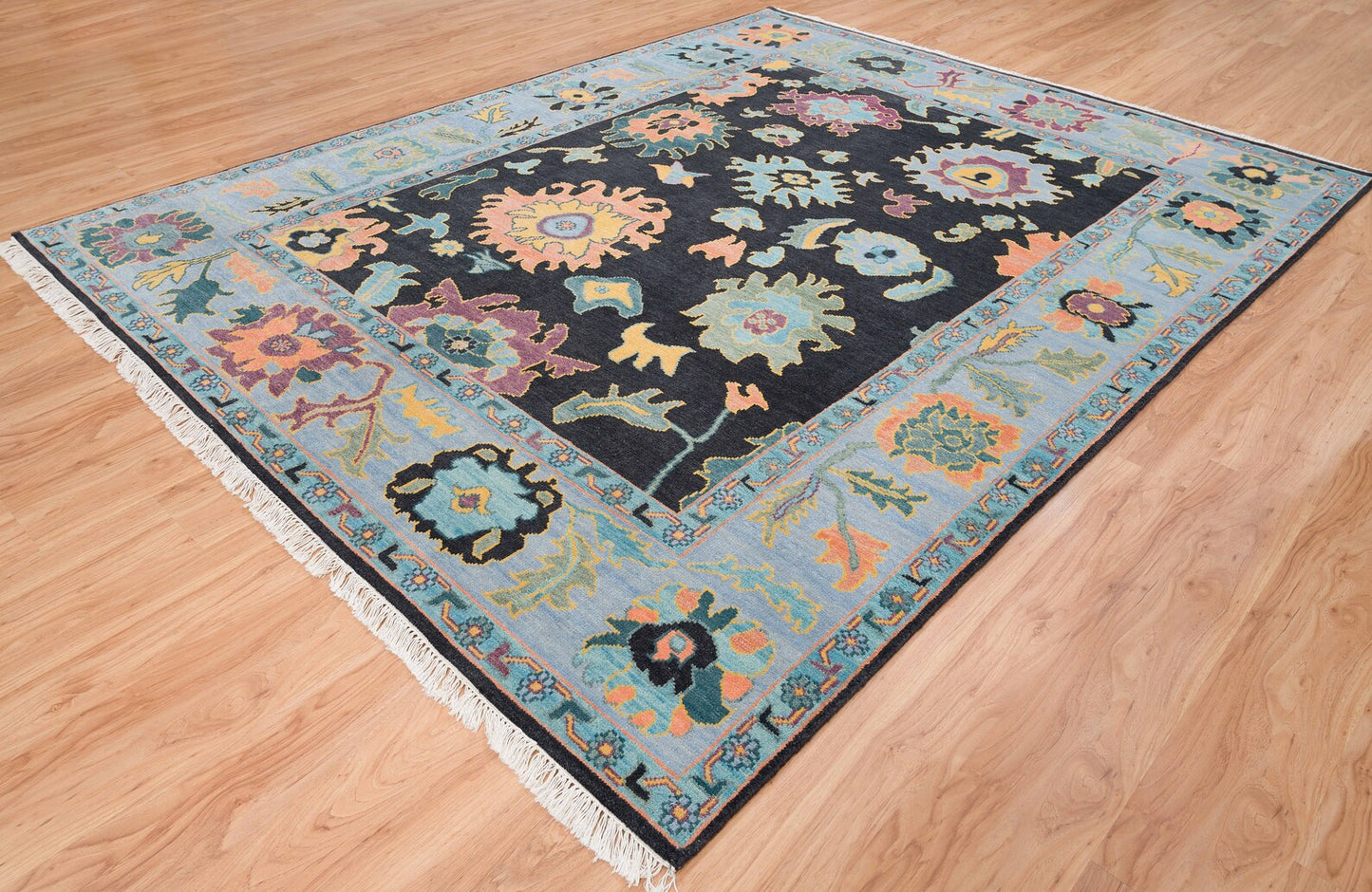 Black Wool Rug| Sky Blue Oushak Rug With Orange, Purple, Green Accents| Multi Size Handknotted Turkish Rug: Touch of Blue Area Rug