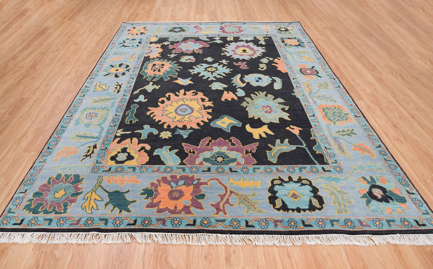 Black Wool Rug| Sky Blue Oushak Rug With Orange, Purple, Green Accents| Multi Size Handknotted Turkish Rug: Touch of Blue Area Rug