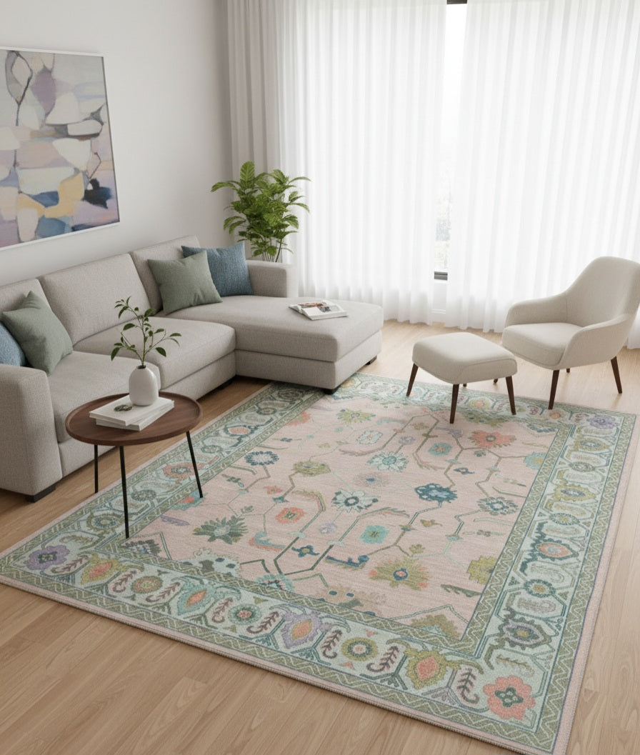 Blush Pink & Sage Green Hand-Knotted Turkish Oushak Rug | Pastel Floral Wool Area Rug for Living Room