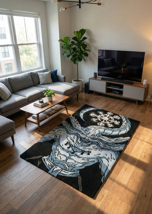 Custom Handmade Wool Mahoraga Rug – Anime Inspired Abstract Area Rug for Living Room, Bedroom & Gaming Setup