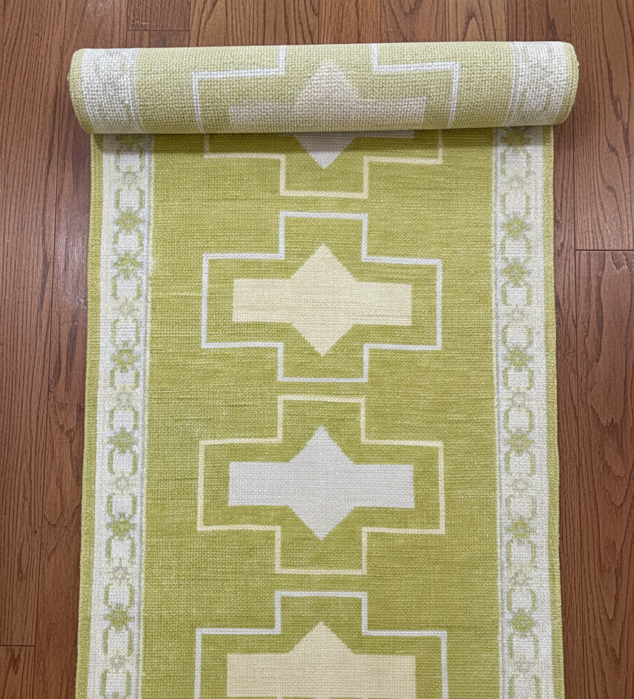 Green & Ivory Oushak Runner Rug | Hand-Knotted Wool Hallway Runner | Kitchen Entryway Stair Runner