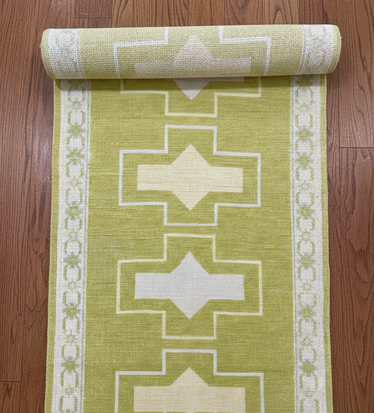Green & Ivory Oushak Runner Rug | Hand-Knotted Wool Hallway Runner | Kitchen Entryway Stair Runner