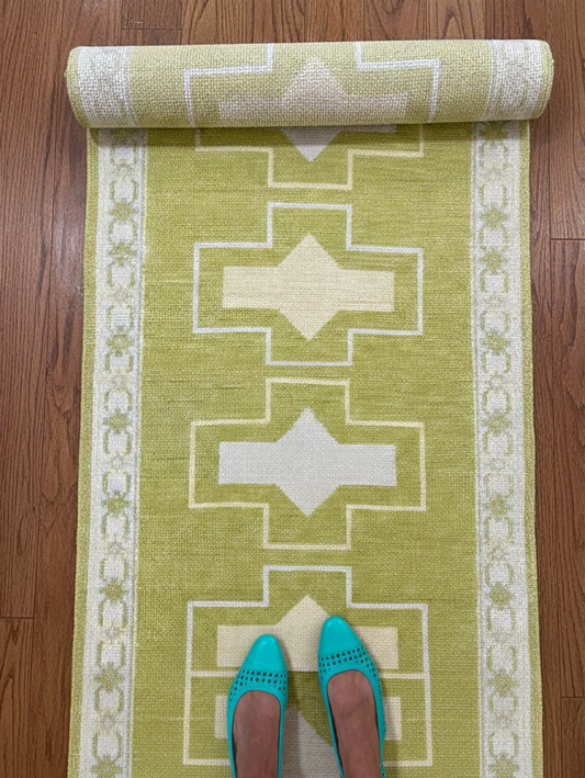 Green & Ivory Oushak Runner Rug | Hand-Knotted Wool Hallway Runner | Kitchen Entryway Stair Runner