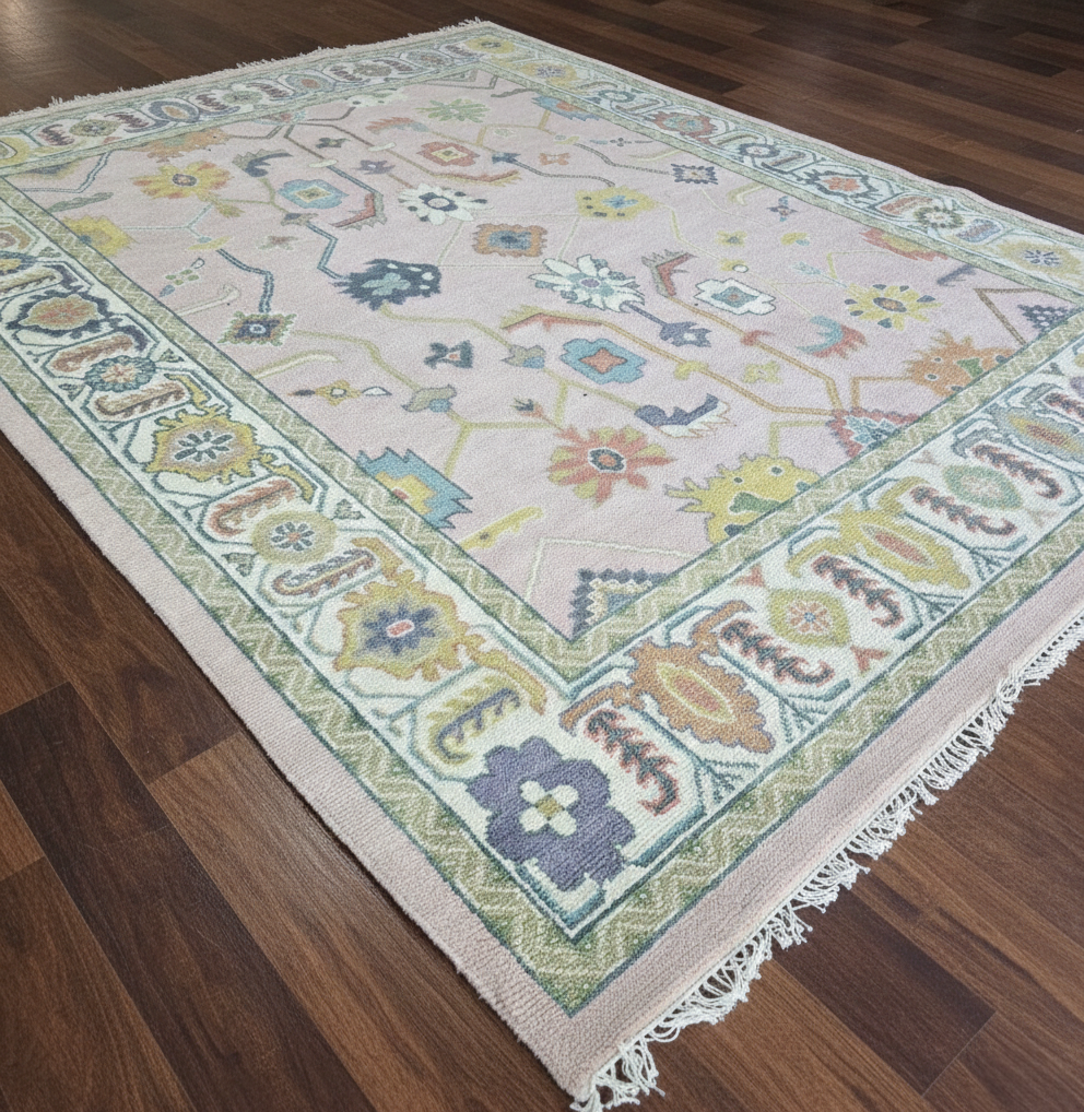 Hand Knotted Oushak Rug — Pastel Turkish Wool Area Rug for Living Room, Anatolian Floral Design