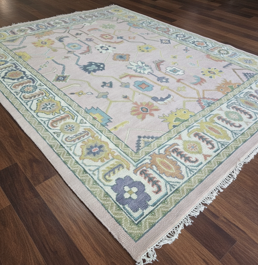 Blush Pink & Ivory Vintage Oushak Area Rug | 9x12 10x14 ft Hand-Knotted Wool | Living Room Dining Room