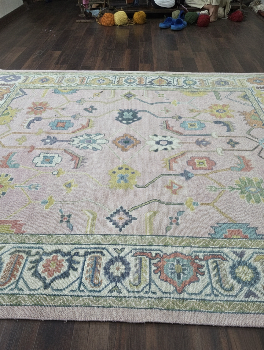 Hand Knotted Oushak Rug — Pastel Turkish Wool Area Rug for Living Room, Anatolian Floral Design