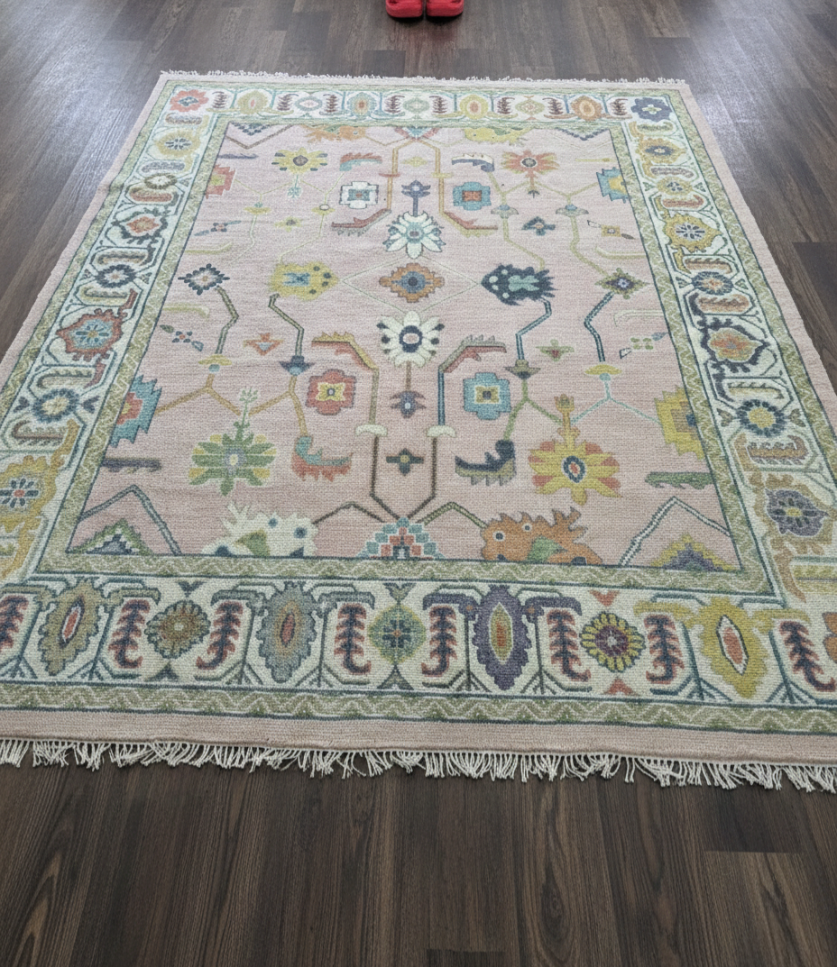 Hand Knotted Oushak Rug — Pastel Turkish Wool Area Rug for Living Room, Anatolian Floral Design