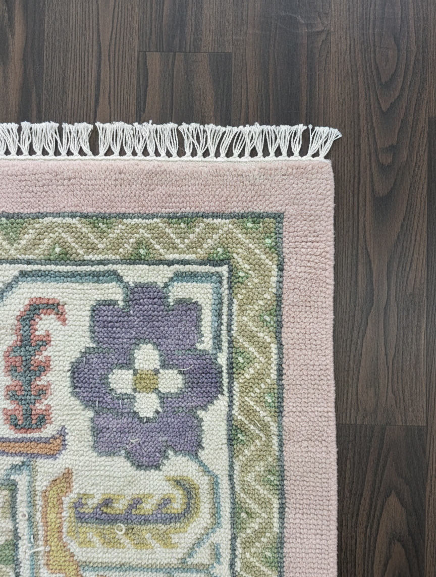 Hand Knotted Oushak Rug — Pastel Turkish Wool Area Rug for Living Room, Anatolian Floral Design