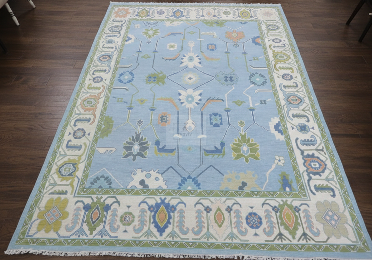 Blue & Ivory Oushak Rug | 5x8 & 8x10 ft | Hand-Knotted Wool Botanical Floral | Living Room & Bedroom