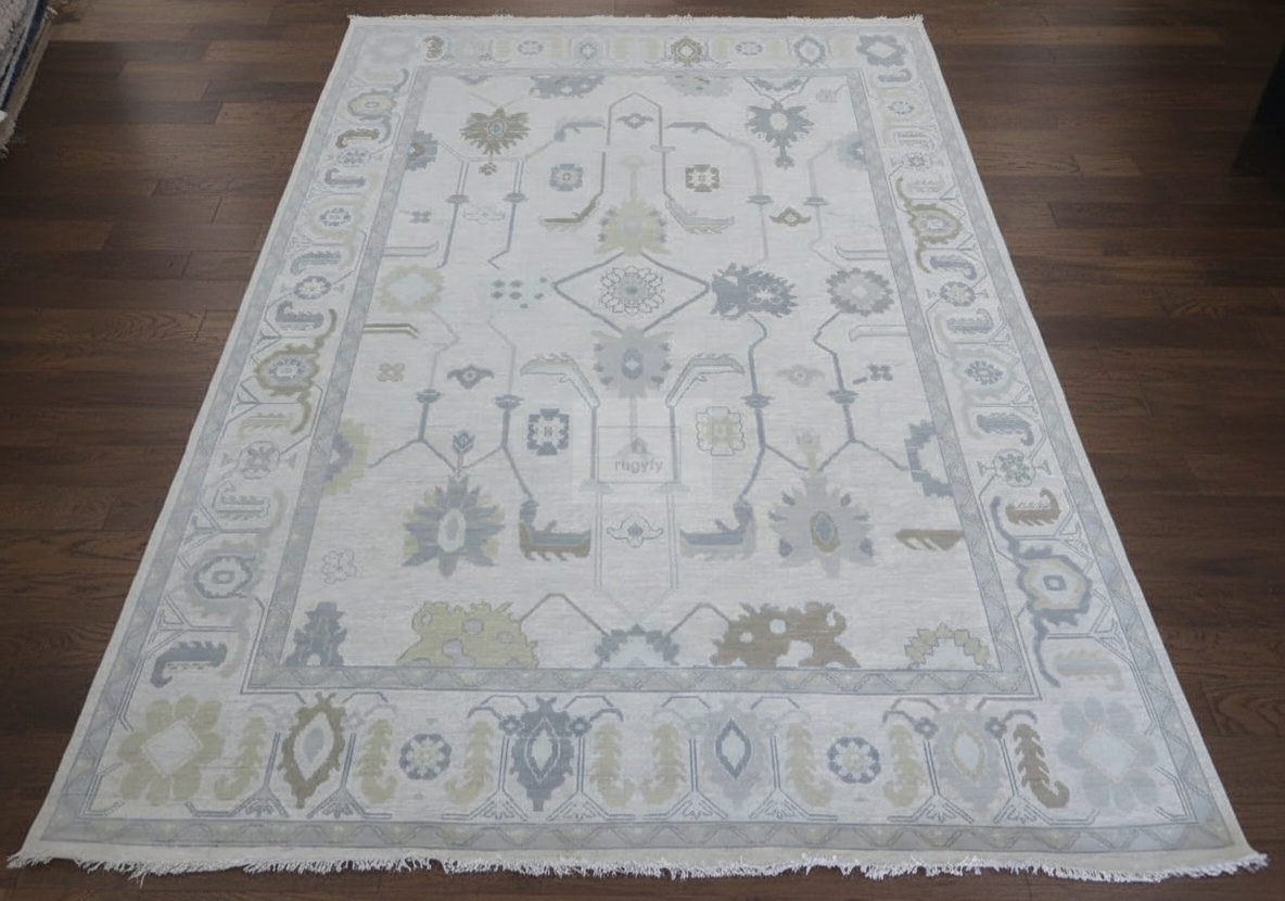 Ivory & Grey Oushak Rug | 6x9 & 8x10 ft | Hand-Knotted Wool Floral | Bedroom & Living Room