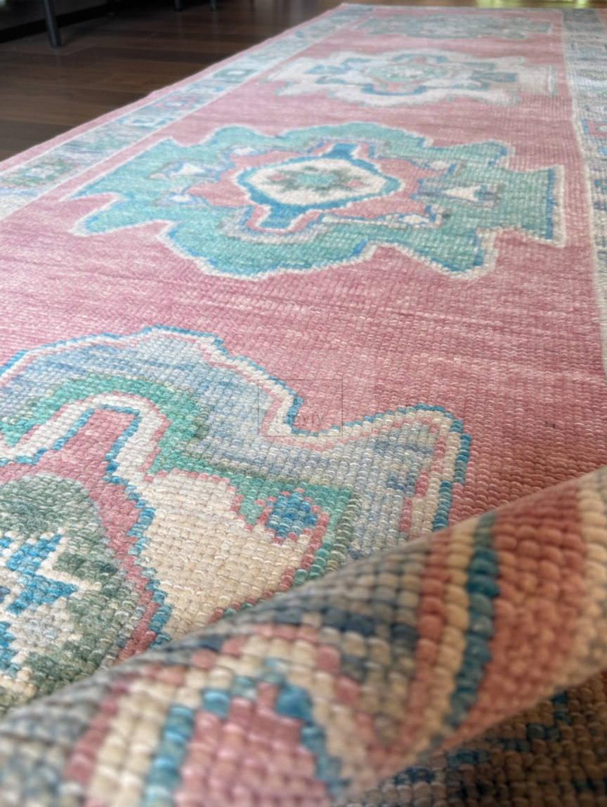 Blush & Teal Oushak Rug | 9x12 & 10x14 ft | Hand-Knotted Wool Geometric | Living Room & Dining Room