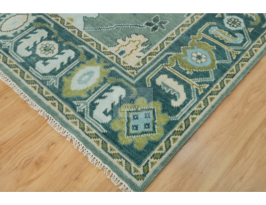 Teal & Ivory Oushak Wool Rug | 6x9 8x10 ft Hand-Knotted | Bedroom Living Room Area Rug
