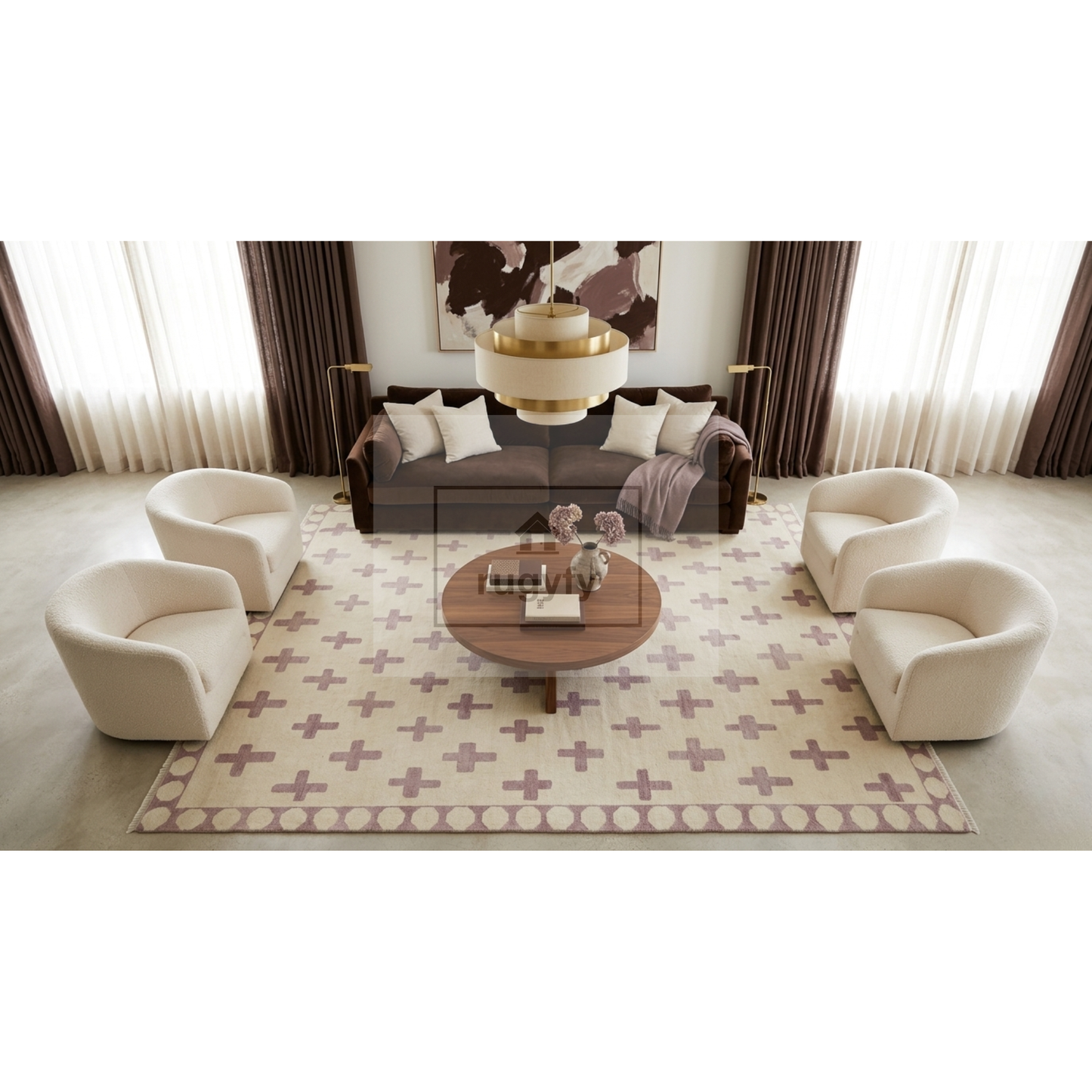 A staged living room scene showing a coordinated furniture set: four cream armchairs arranged around a round wooden coffee table on a patterned cream rug, with a dark sofa and wall art in the background.
