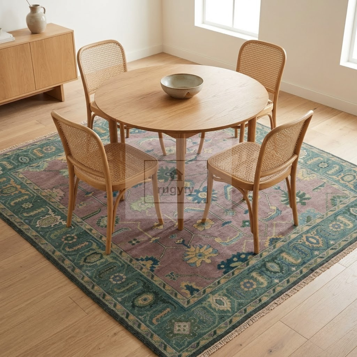 Dusty Mauve & Teal Green Sultanabad Oushak Rug | Hand-Knotted Wool 8x10 9x12 | Plum Rose Dining Room Rug