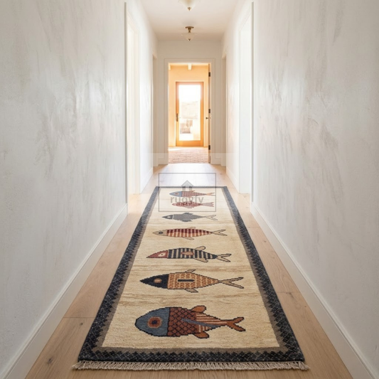 Ivory Fish Motif Hand-Knotted Wool Rug | Quiet Luxury Pictorial Rug for Nursery &amp; Living Room