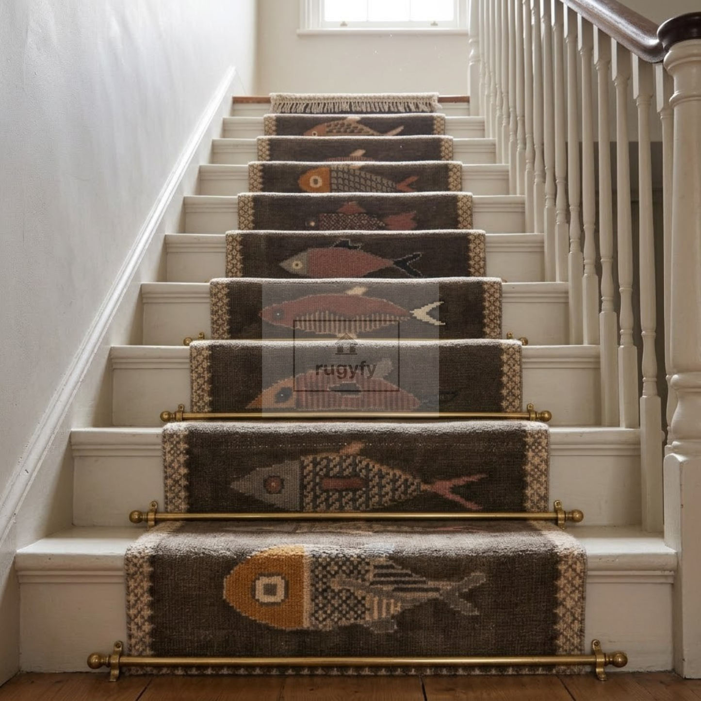 Charcoal Fish Motif Hand-Knotted Wool Rug | Moody Neutral Pictorial Rug for Hallway &amp; Entryway