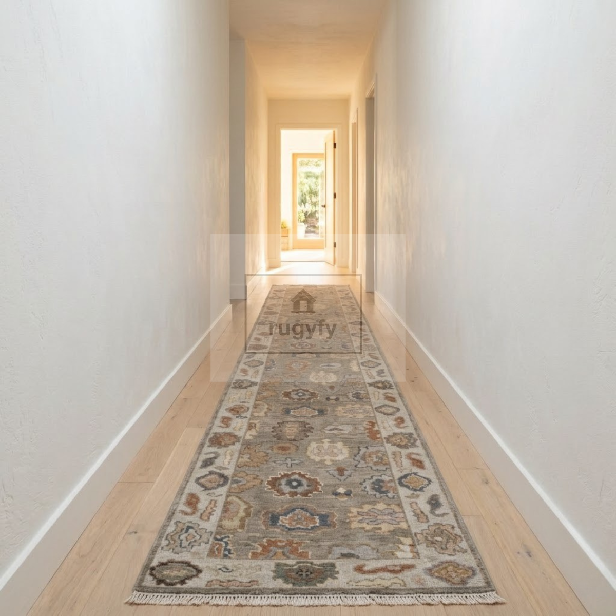 Silver & Ivory Oushak Rug | 2x8 & 2.5x10 ft | Hand-Knotted Wool Floral | Living Room & Bedroom